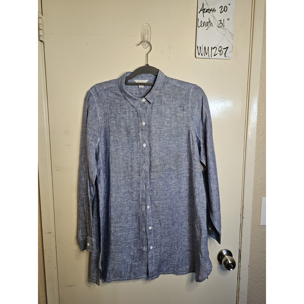 Garnet Hill Tunic Womens Petite Medium Blue Long Sleeve Button Up Linen